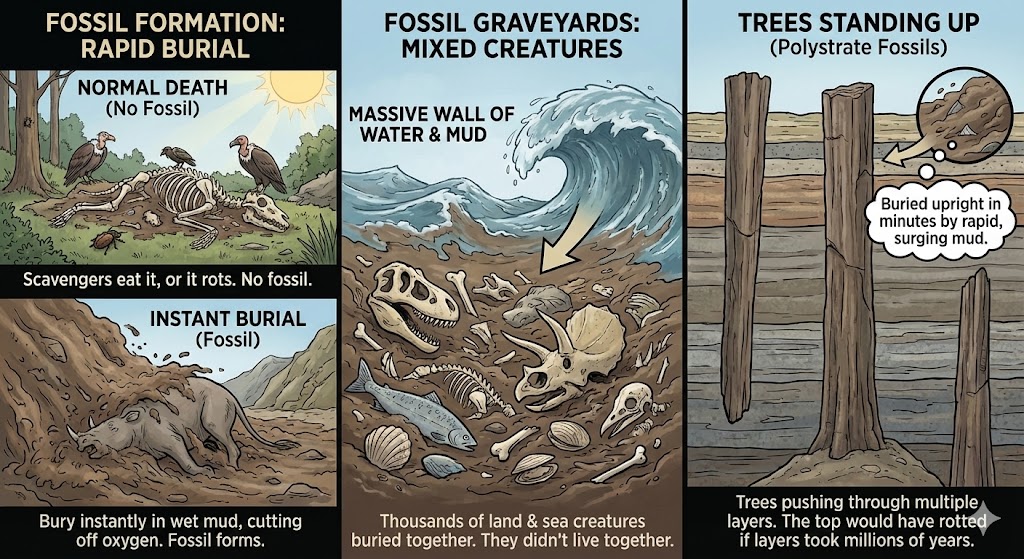 Fossil evidence and graveyards as clues for the global flood